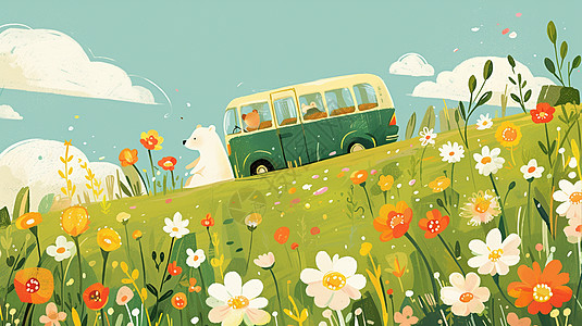 碧绿色的草地上一辆旅行车图片