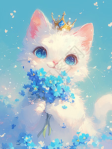手捧着小花头戴皇冠的卡通小白猫图片