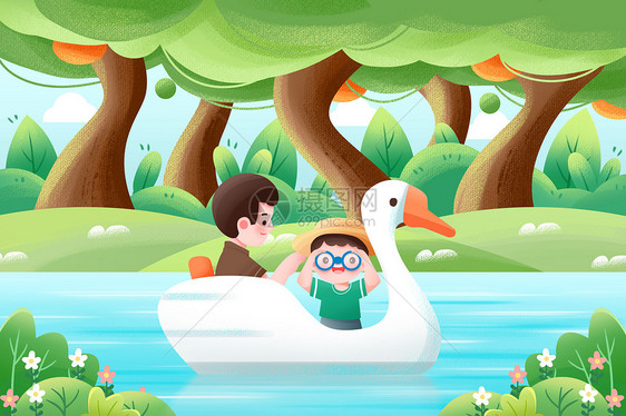 卡通儿童节父子公园森林坐船出游插画图片