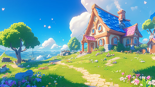蓝天下一座卡通小房子在长满绿草的山坡上图片