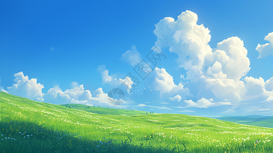 蓝天白云下一大片绿色长满绿草的卡通小山坡图片