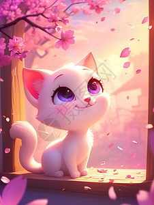 在窗旁欣赏粉色花朵的卡通小白猫图片