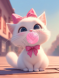 头上戴着粉色蝴蝶结吹泡泡的可爱卡通小白猫图片