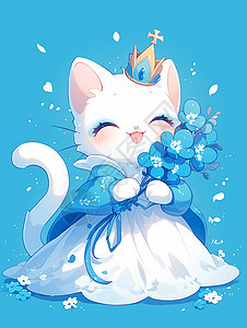抱着蓝色花朵头戴皇冠的可爱卡通小白猫图片