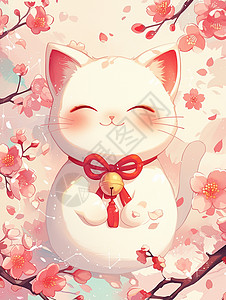 脖子上挂着金色铃铛在粉色桃花林中微笑的卡通招财猫图片