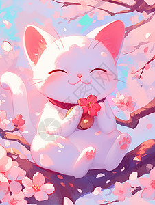 脖上挂着金色铃铛在粉色桃花林中微笑的卡通招财猫图片