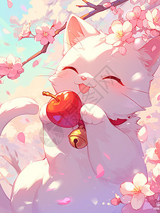 脖子上挂着铃铛在粉色桃花林中微笑的卡通招财猫图片