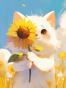 在向日葵花园中抱着黄色向日葵的卡通小白猫图片