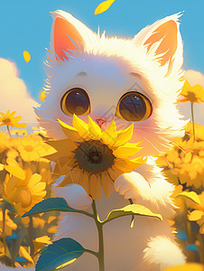 在向日葵花园中抱着向日葵的卡通小白猫图片