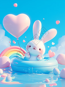 在游泳圈中玩耍的一只长耳朵卡通小兔背景图片
