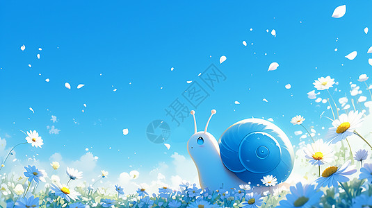 在梦幻花丛中爬行的卡通蓝色蜗牛图片