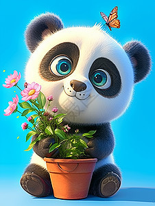 抱着一个大盆栽的卡通熊猫图片