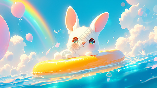 可爱的卡通小白兔戴着泳圈在大海上玩耍图片