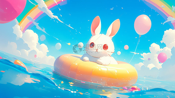 可爱的卡通小兔戴着游泳圈在大海上玩耍图片