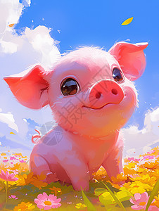 天空下一只大耳朵可爱的卡通小猪图片