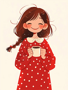 身穿红色波点连衣裙端着茶杯的卡通小女孩图片