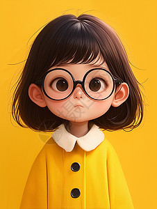 身穿黄色外套戴着黑框眼镜的可爱立体卡通小女孩图片