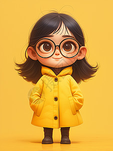 穿着黄色外套戴着黑框眼镜的可爱立体卡通小女孩图片