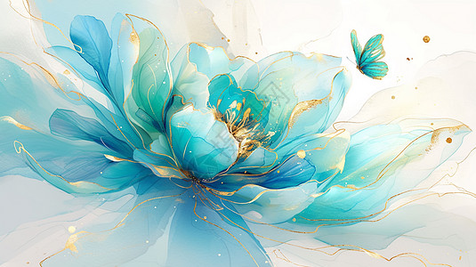 蓝色镶金边的唯美的卡通牡丹花与蝴蝶图片