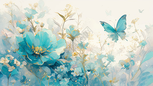 蓝色唯美的卡通牡丹花与蝴蝶图片