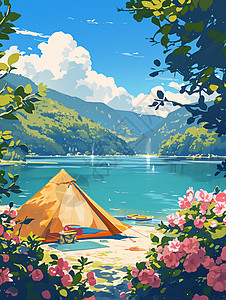 晴朗的天空下深蓝色湖边一个黄色卡通帐篷图片