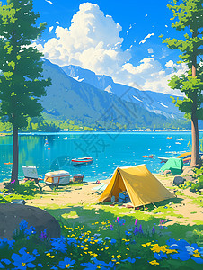 晴朗的天空下湖边一个黄色卡通帐篷图片