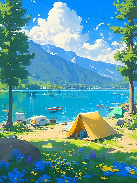 晴朗的天空下湖边一个黄色卡通帐篷图片