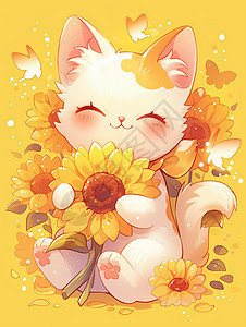 抱着黄色太阳花微笑的可爱卡通小花猫背景图片