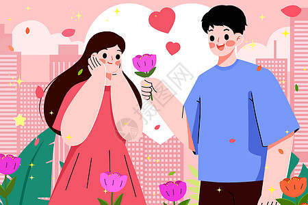浪漫男生送女孩花朵插画图片