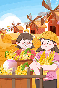 传统节日节气二十四节气芒种小满麦子主题扁平风治愈风竖版插画图片