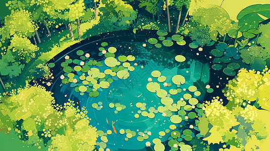 碧绿色荷塘中悠闲的游着卡通锦鲤图片