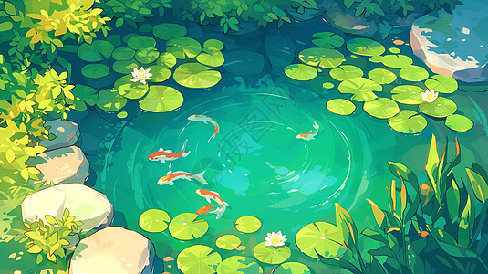 碧绿色荷塘中游着卡通锦鲤图片