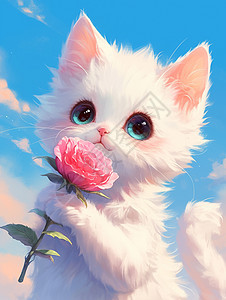 抱着一朵粉色花的可爱卡通白色猫图片