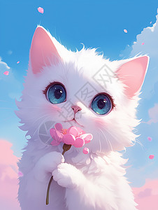 抱着一朵粉色小花的卡通白色猫图片