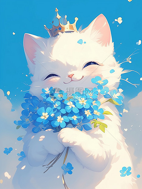 捧着蓝色花束头戴皇冠的卡通猫图片