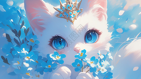 蓝色大眼睛漂亮的卡通公主猫头上戴着皇冠图片