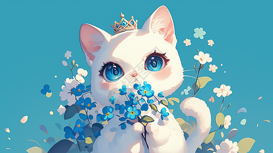 蓝色大眼睛漂亮的卡通公主猫戴着皇冠图片