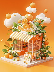 云朵间橙色立体可爱的卡通水果屋图片