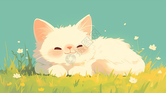 趴在草丛中睡觉的可爱卡通白猫图片