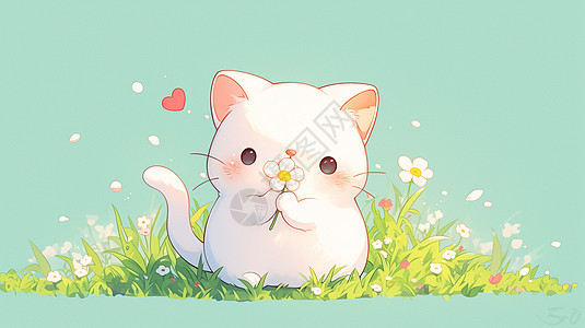 在草丛中的可爱卡通小白猫图片