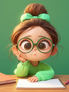 戴绿色蝴蝶结发卡双手托着脸的可爱萌萌的卡通小女孩图片