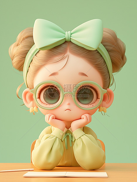 头戴绿色蝴蝶结发卡托着脸的可爱萌萌的卡通小女孩图片