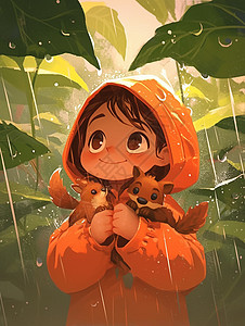 身穿橙色雨衣抱着小动物在雨中玩耍的卡通小女孩图片