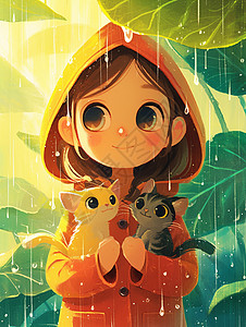 穿橙色雨衣抱着小动物在雨中玩耍的卡通小女孩图片