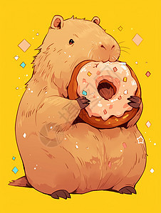 在开心吃甜甜圈的可爱卡通小动物图片