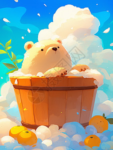 在天空中木桶里悠闲泡澡的卡通小棕熊图片