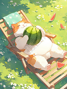 夏天躺在椅子上吃西瓜的卡通猫图片