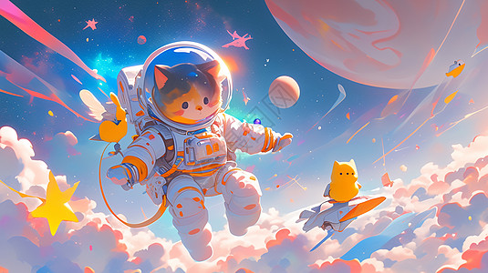 梦幻太空中一个穿着宇航服的卡通宇航员图片