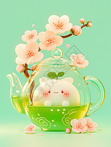 透明卡通茶水壶中小可爱在泡澡图片