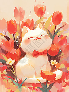 在红色花丛中系着红色蝴蝶结的卡通小猫图片